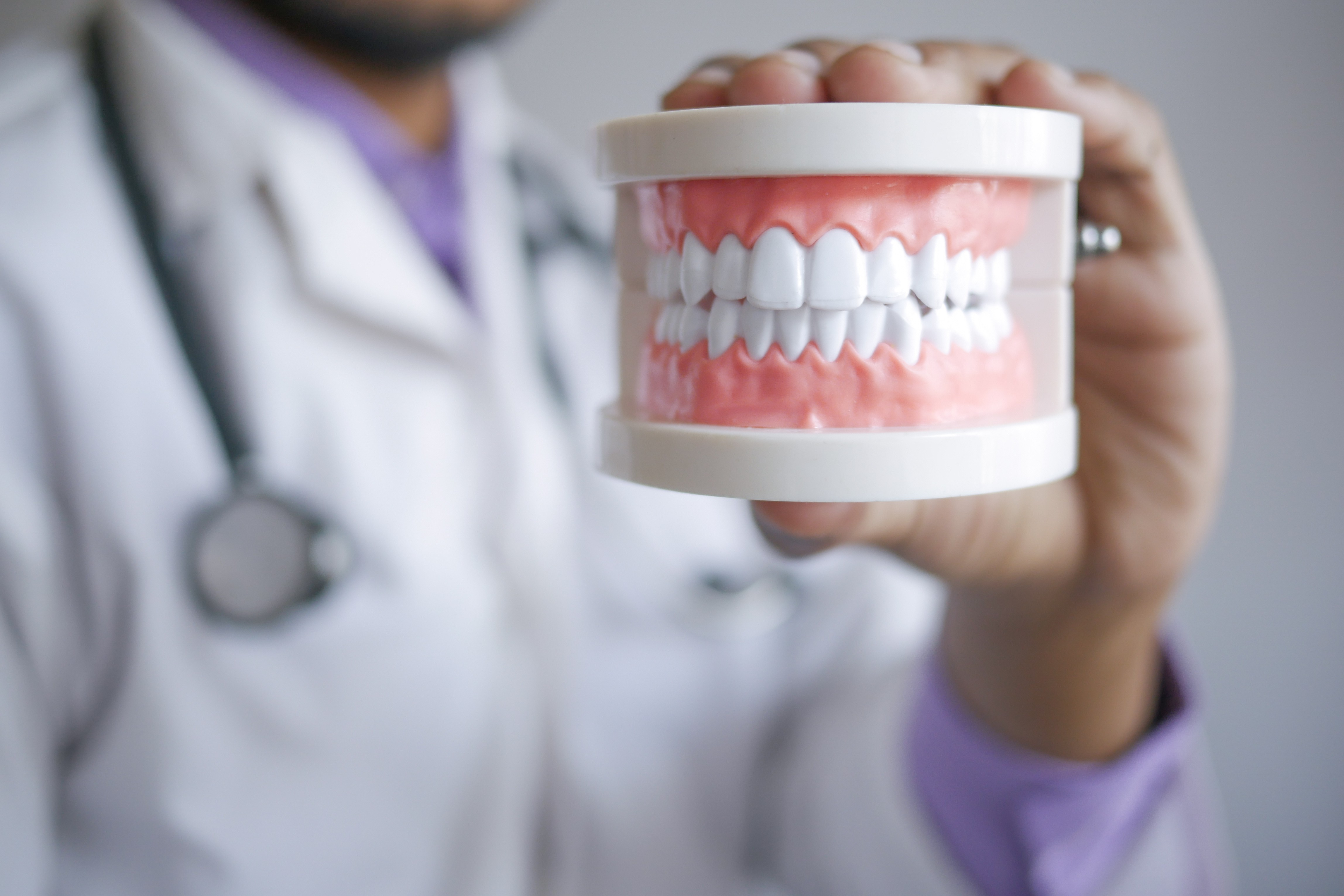 A dentist holding a set of false teeth