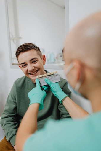 Dentist and patient selecting tooth shade